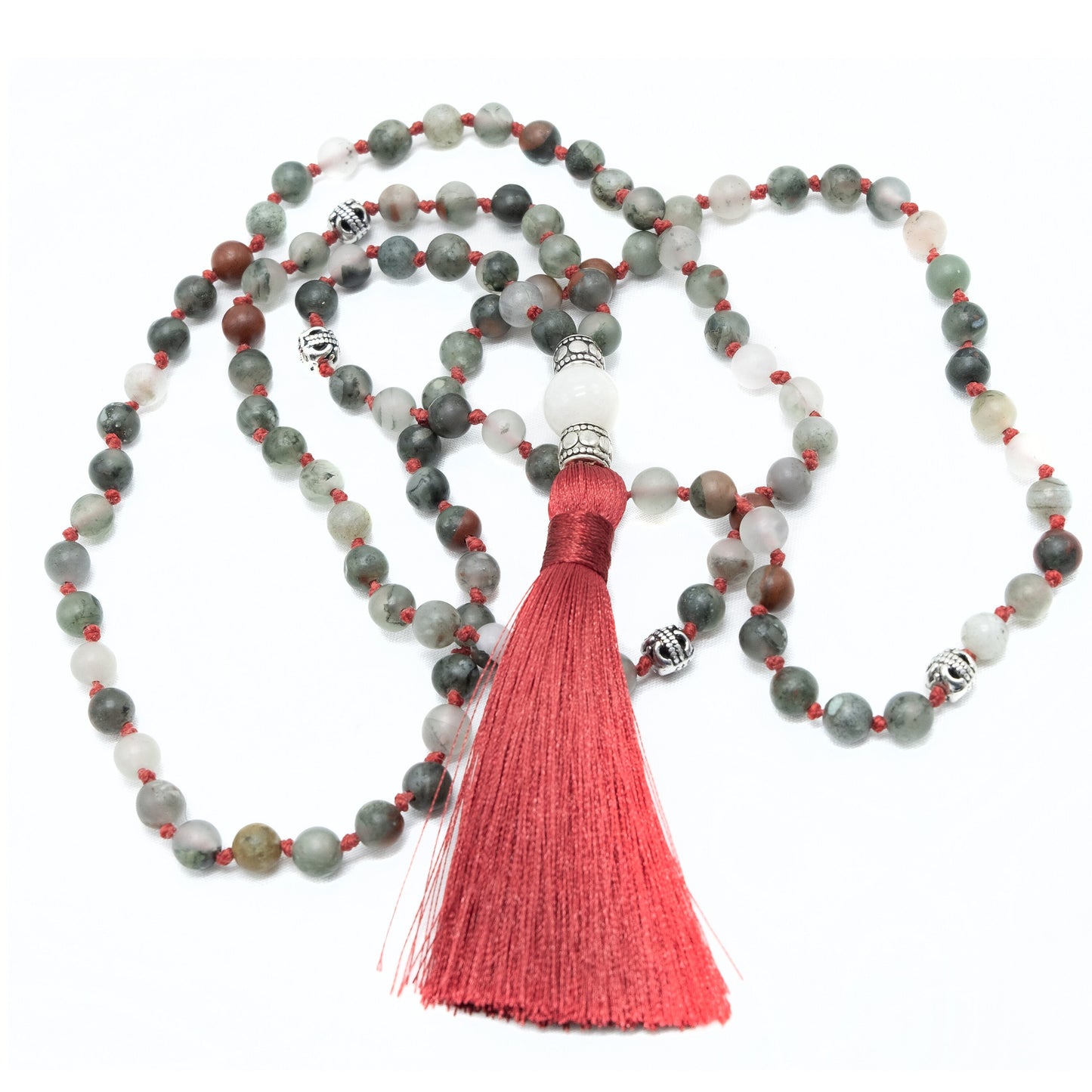 6mm African Bloodstone Mala with Red Tassel, White Jade Guru bead with silver spacers | Guru Beads | Meru | Meditation | Prayer bead | Malas