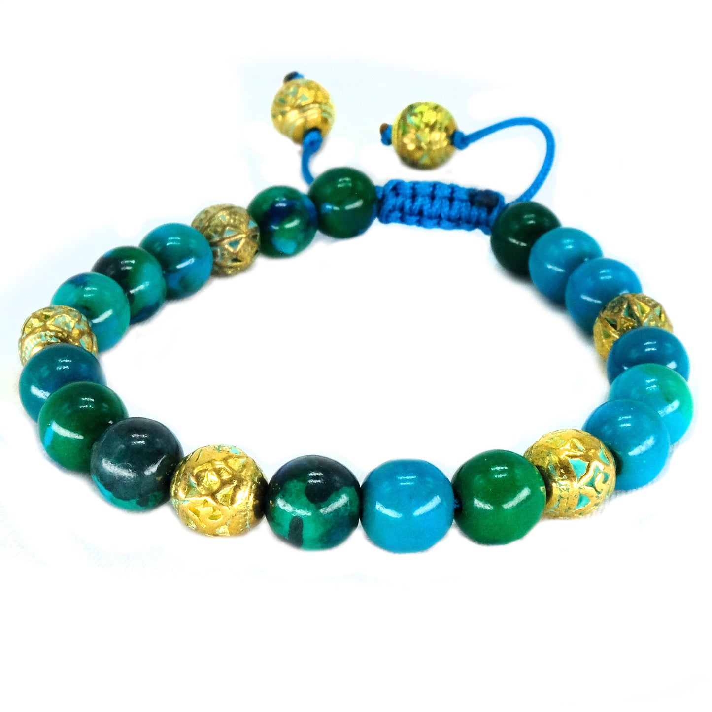 8mm Chrysocolla Genuine, with gold blue spacers Beaded Bracelet | Adjustable | Unique | Natural | Healing Stone | Bohemian