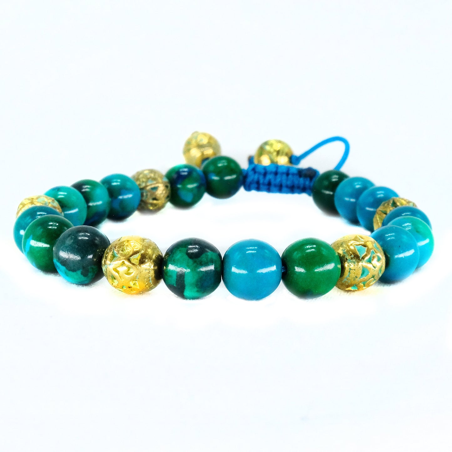 8mm Chrysocolla Genuine, with gold blue spacers Beaded Bracelet | Adjustable | Unique | Natural | Healing Stone | Bohemian