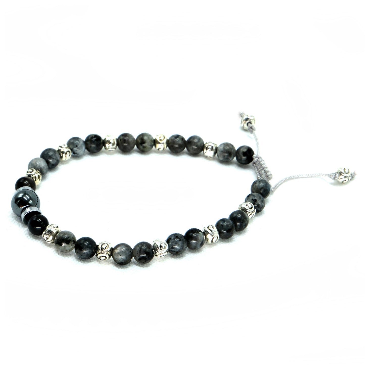 6mm Labradorite, Silver Obsidian and 8mm Hematite center bead, Beaded Bracelet, Adjustable, Bohemian