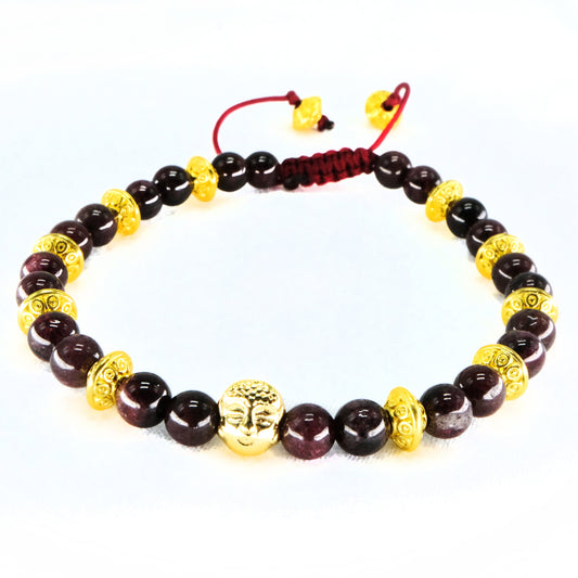 Gold Buddha 6mm Garnet with gold spacers Beaded Bracelet, Adjustable, Healing Stone | Bohemian