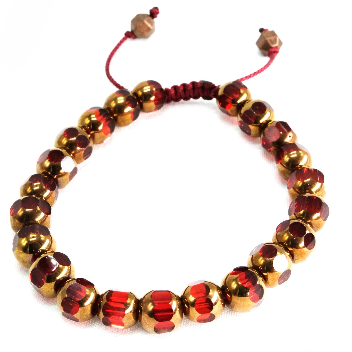 8mm Red and Copper Glass Crystal Beaded Bracelet, Adjustable