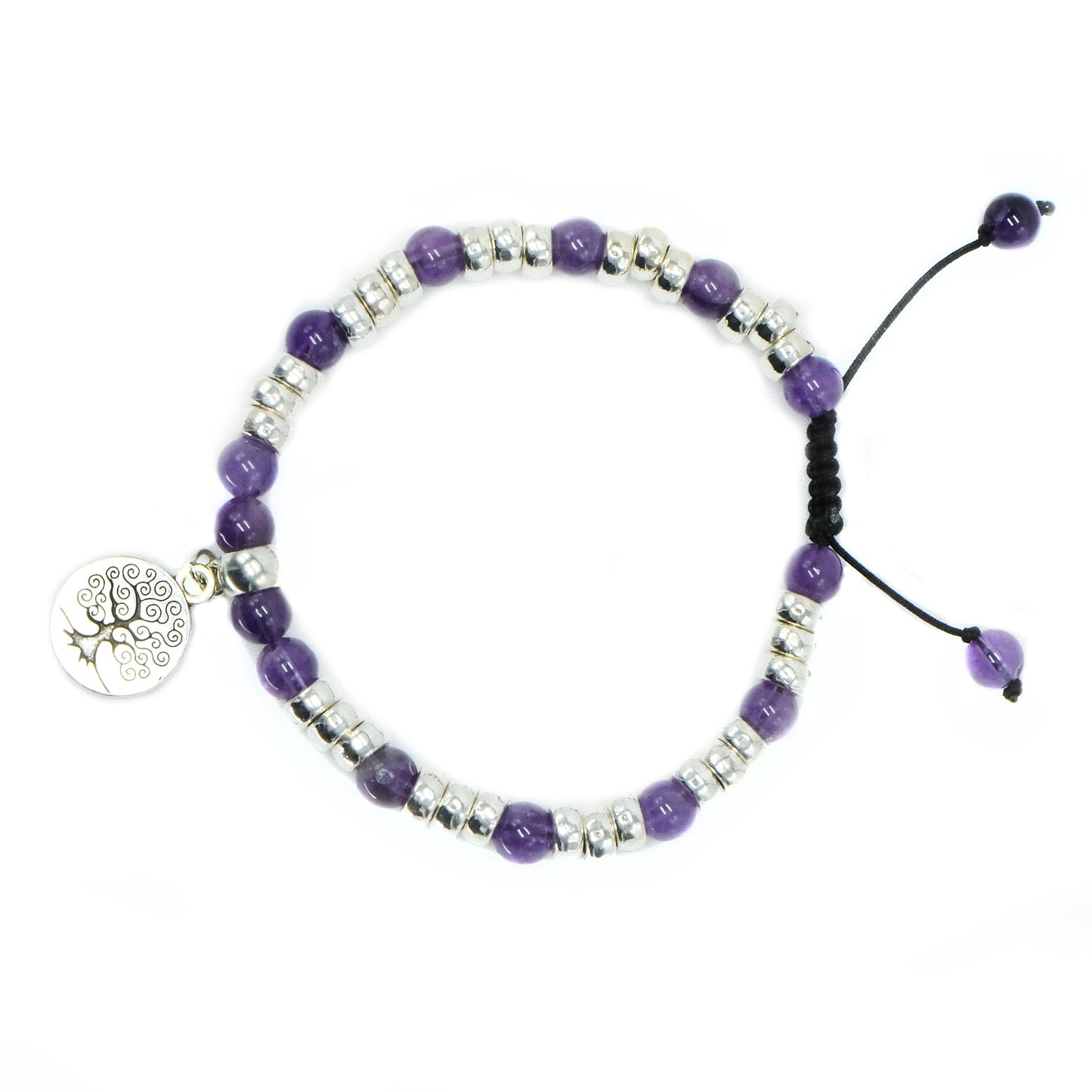 6mm Amethyst with Silver spacers and Tree Pendant beaded bracelet adjustable Semiprecious gemstone, Bohemian