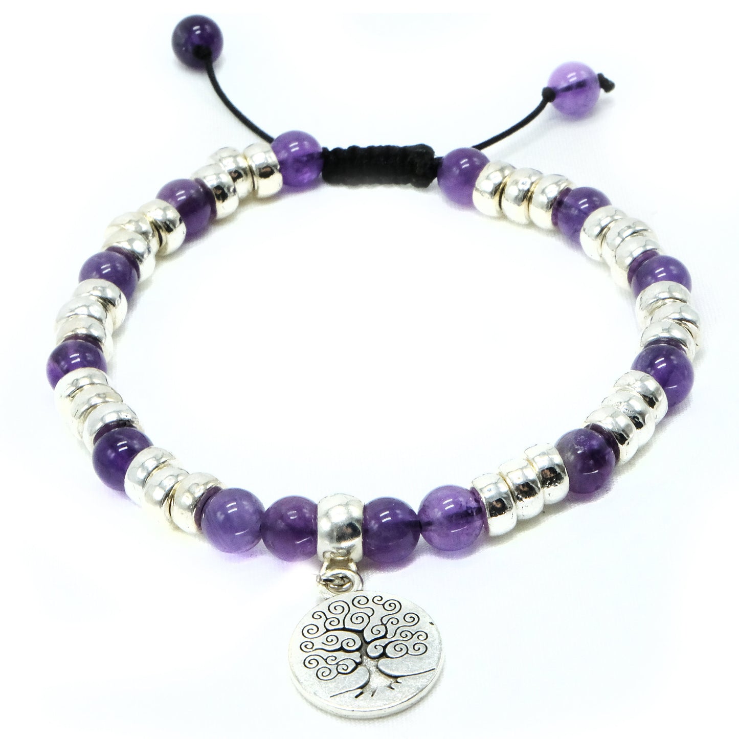 6mm Amethyst with Silver spacers and Tree Pendant beaded bracelet adjustable Semiprecious gemstone, Bohemian