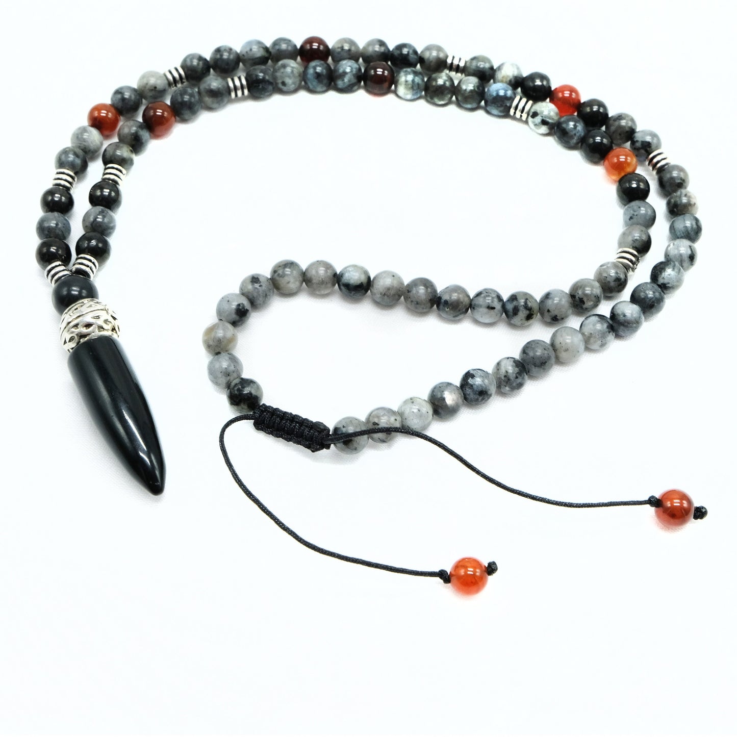 6mm Labradorite, Shungite, Red Agate beads with silver spacers and Obsidian main bead necklace | Natural, Adjustable, Bohemian