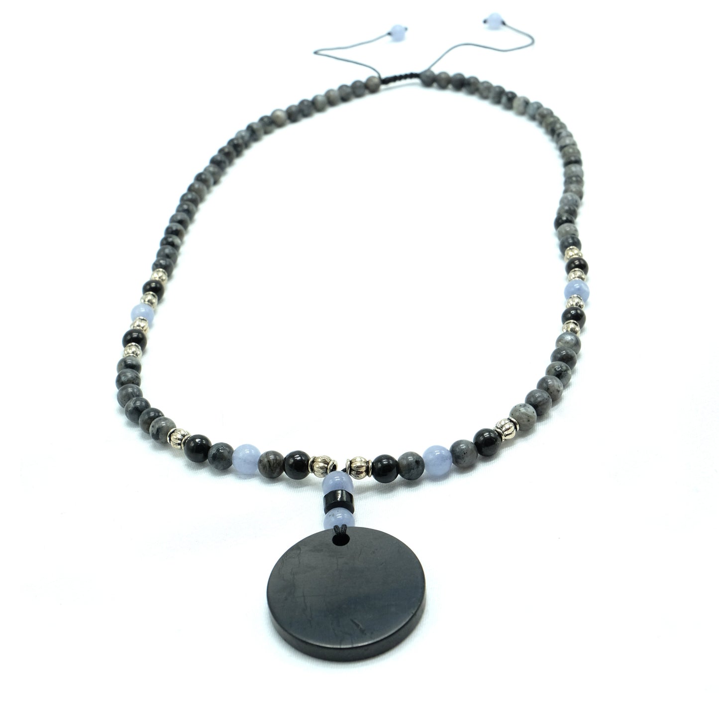 6mm Laborite, Shungite, Angelite beads with silver spacers and round Shungite main bead necklace Adjustable, Healing Stone, Bohemian