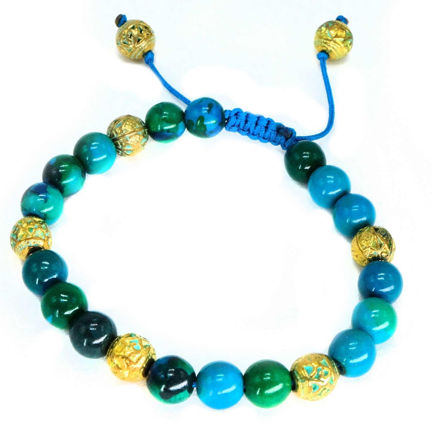 8mm Chrysocolla Genuine, with gold blue spacers Beaded Bracelet | Adjustable | Unique | Natural | Healing Stone | Bohemian