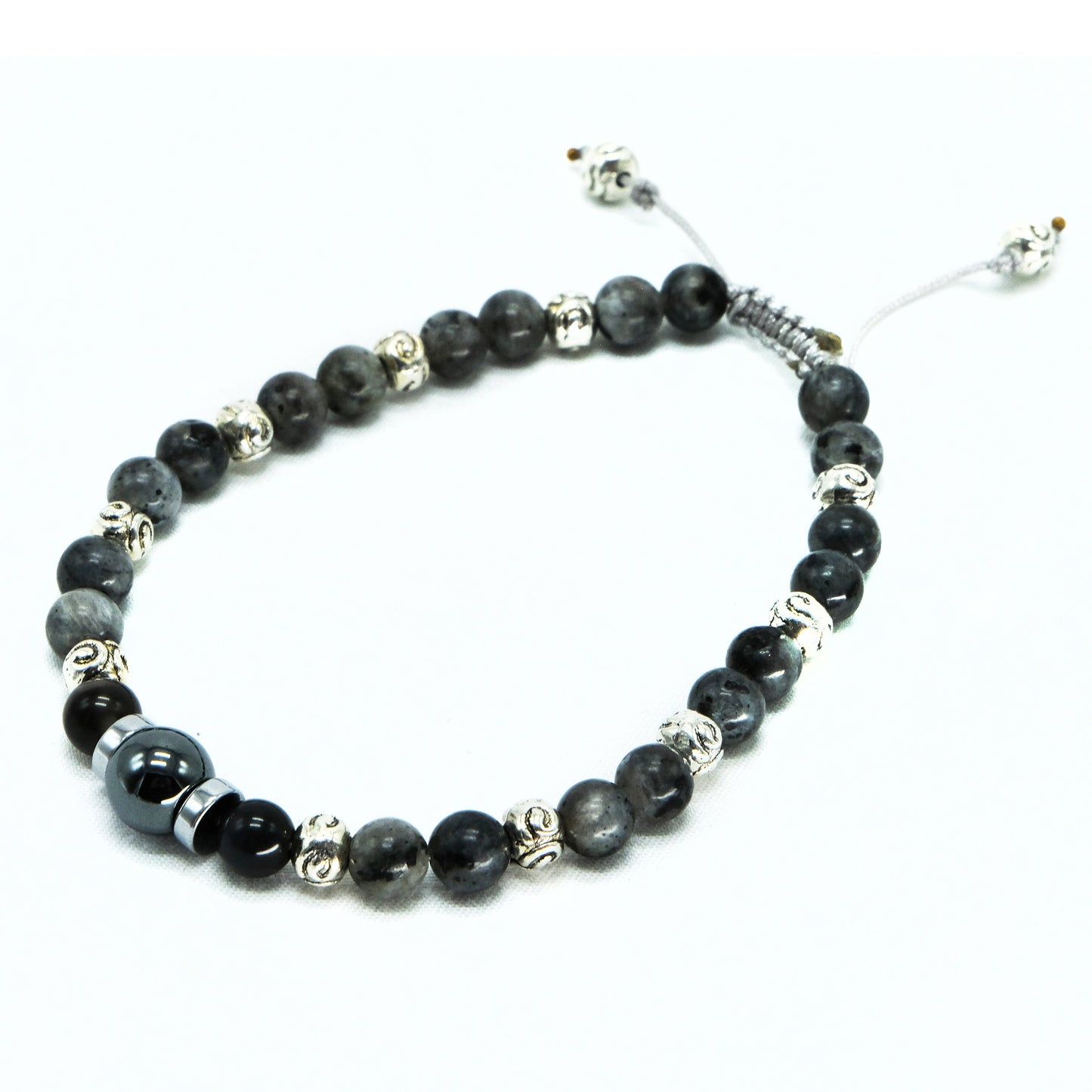 6mm Labradorite, Silver Obsidian and 8mm Hematite center bead, Beaded Bracelet, Adjustable, Bohemian