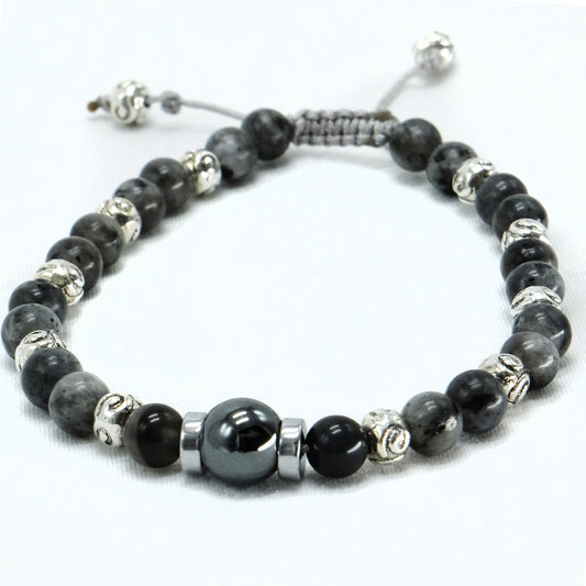 6mm Labradorite, Silver Obsidian and 8mm Hematite center bead, Beaded Bracelet, Adjustable, Bohemian