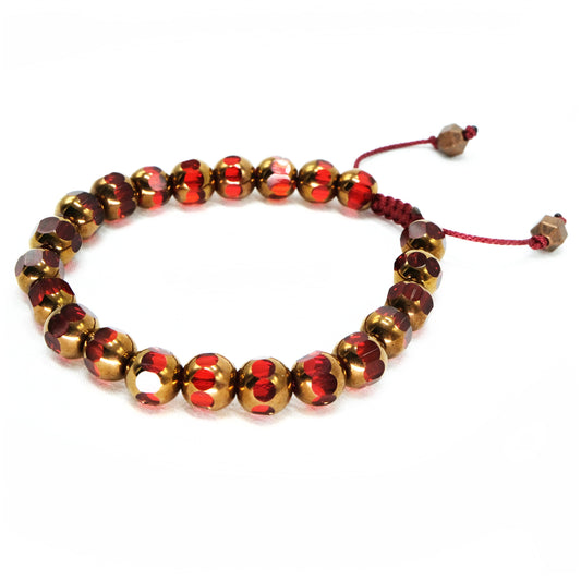 8mm Red and Copper Glass Crystal Beaded Bracelet, Adjustable