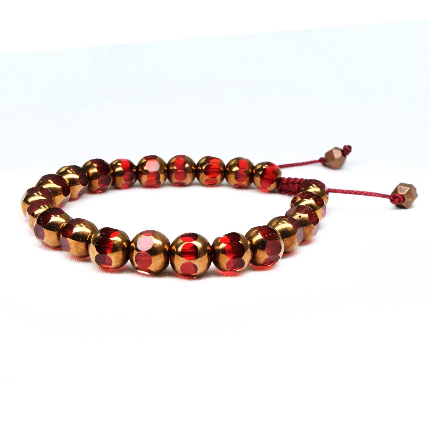 8mm Red and Copper Glass Crystal Beaded Bracelet, Adjustable