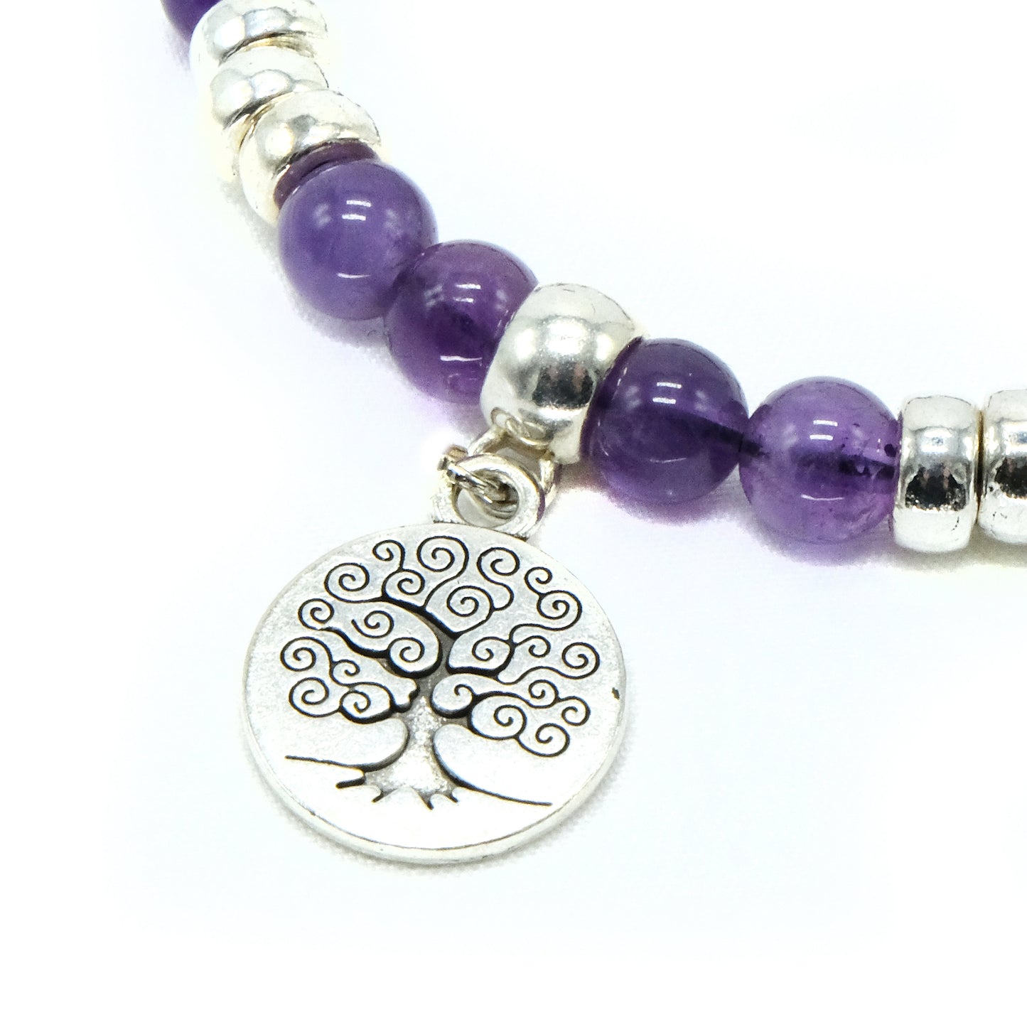 6mm Amethyst with Silver spacers and Tree Pendant beaded bracelet adjustable Semiprecious gemstone, Bohemian