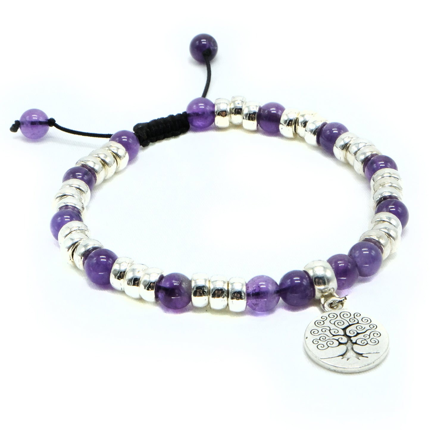 6mm Amethyst with Silver spacers and Tree Pendant beaded bracelet adjustable Semiprecious gemstone, Bohemian