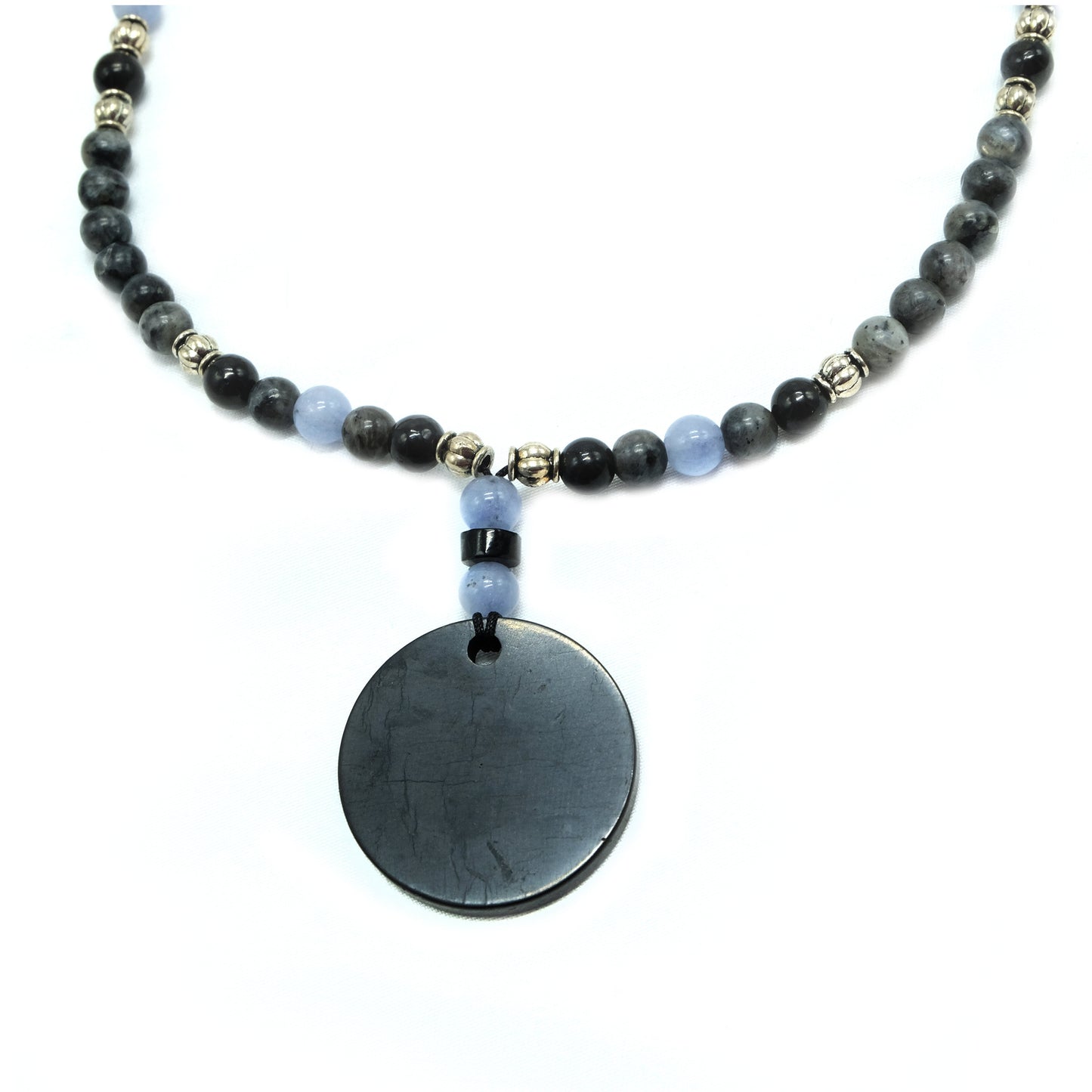 6mm Laborite, Shungite, Angelite beads with silver spacers and round Shungite main bead necklace Adjustable, Healing Stone, Bohemian