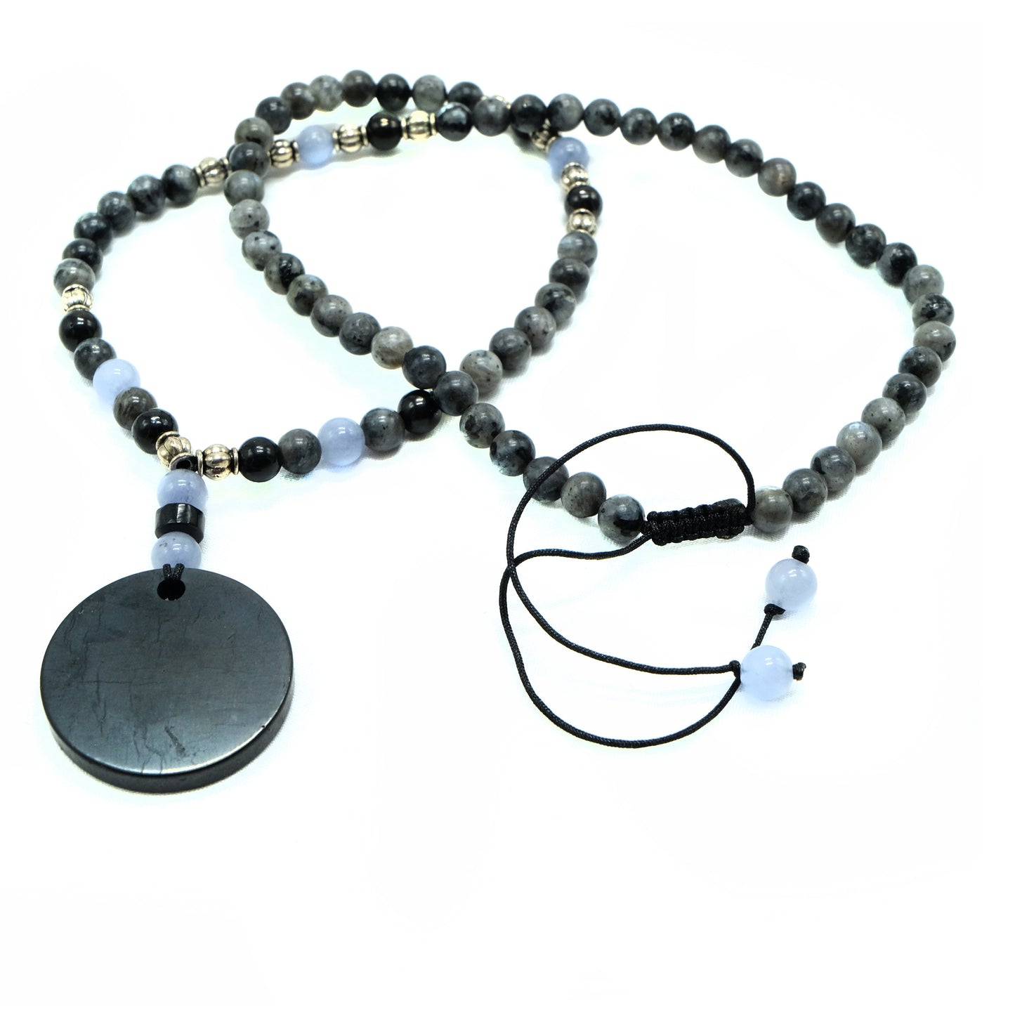 6mm Laborite, Shungite, Angelite beads with silver spacers and round Shungite main bead necklace Adjustable, Healing Stone, Bohemian