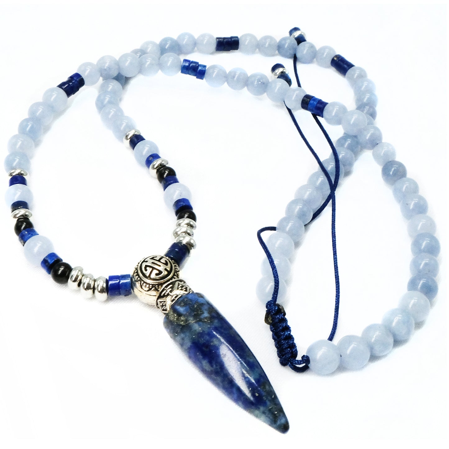 6mm Angelite, Lapis Lazuli, 4mm shungite beads with silver spacers, Lapis main bead necklace | Natural, Adjustable, Healing Stone, Bohemian