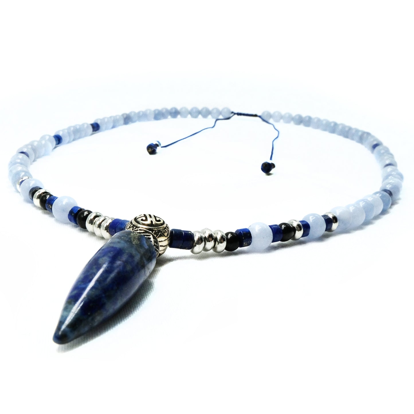 6mm Angelite, Lapis Lazuli, 4mm shungite beads with silver spacers, Lapis main bead necklace | Natural, Adjustable, Healing Stone, Bohemian