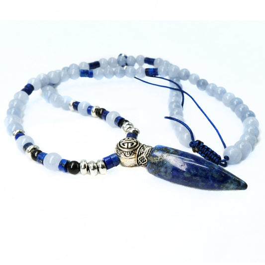 6mm Angelite, Lapis Lazuli, 4mm shungite beads with silver spacers, Lapis main bead necklace | Natural, Adjustable, Healing Stone, Bohemian