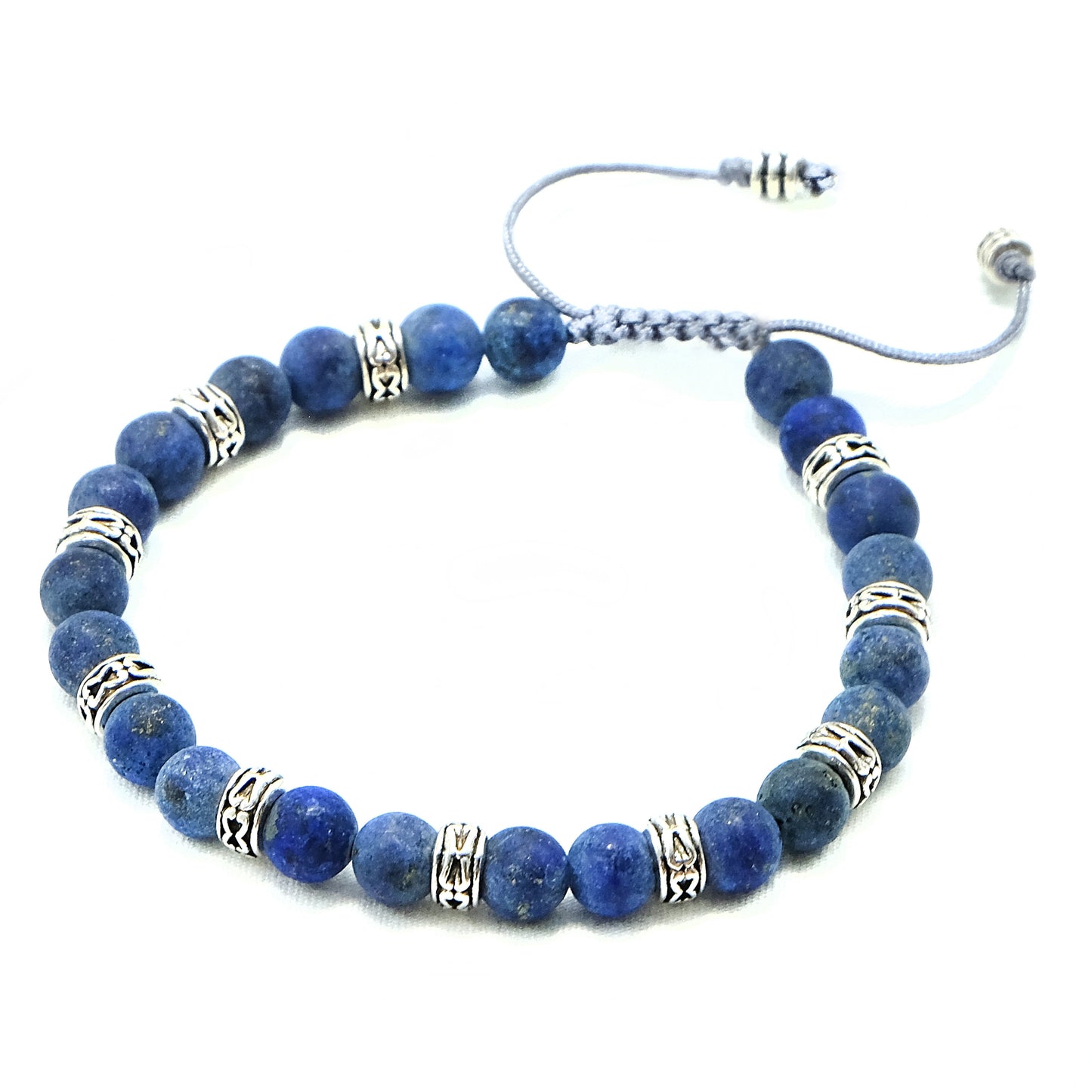 6mm Genuine Frosted Lapis, Silver Spacer Beaded Bracelet | Lapis Lazuli | Adjustable | Meditation | Healing Stone | Bohemian