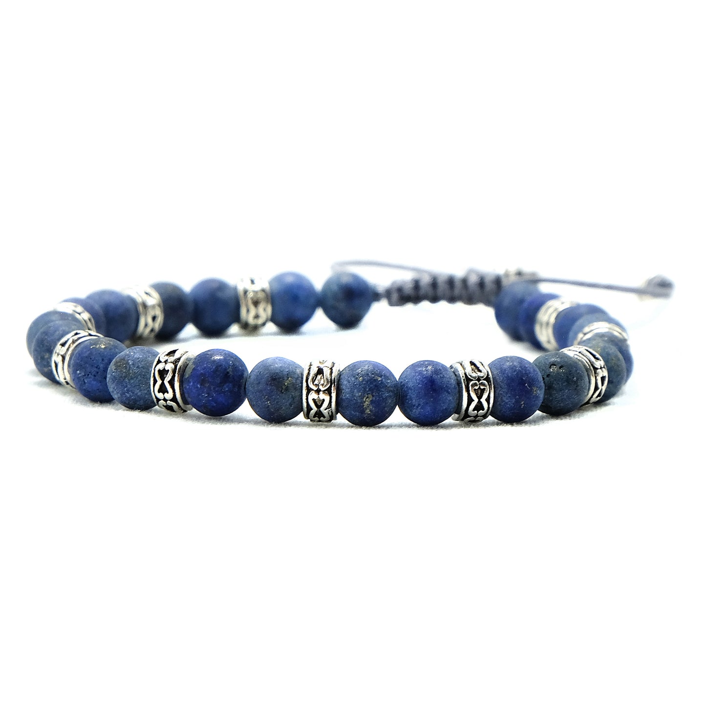 6mm Genuine Frosted Lapis, Silver Spacer Beaded Bracelet | Lapis Lazuli | Adjustable | Meditation | Healing Stone | Bohemian