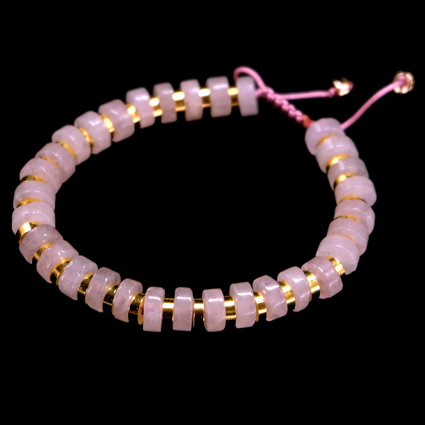 8mm Rose Quartz Heshi, Flat Round Disc, Baguette with Gold Spacers, Adjustable, Egyptian Style, Bohemian, Semi-Precious, Healing,Meditation