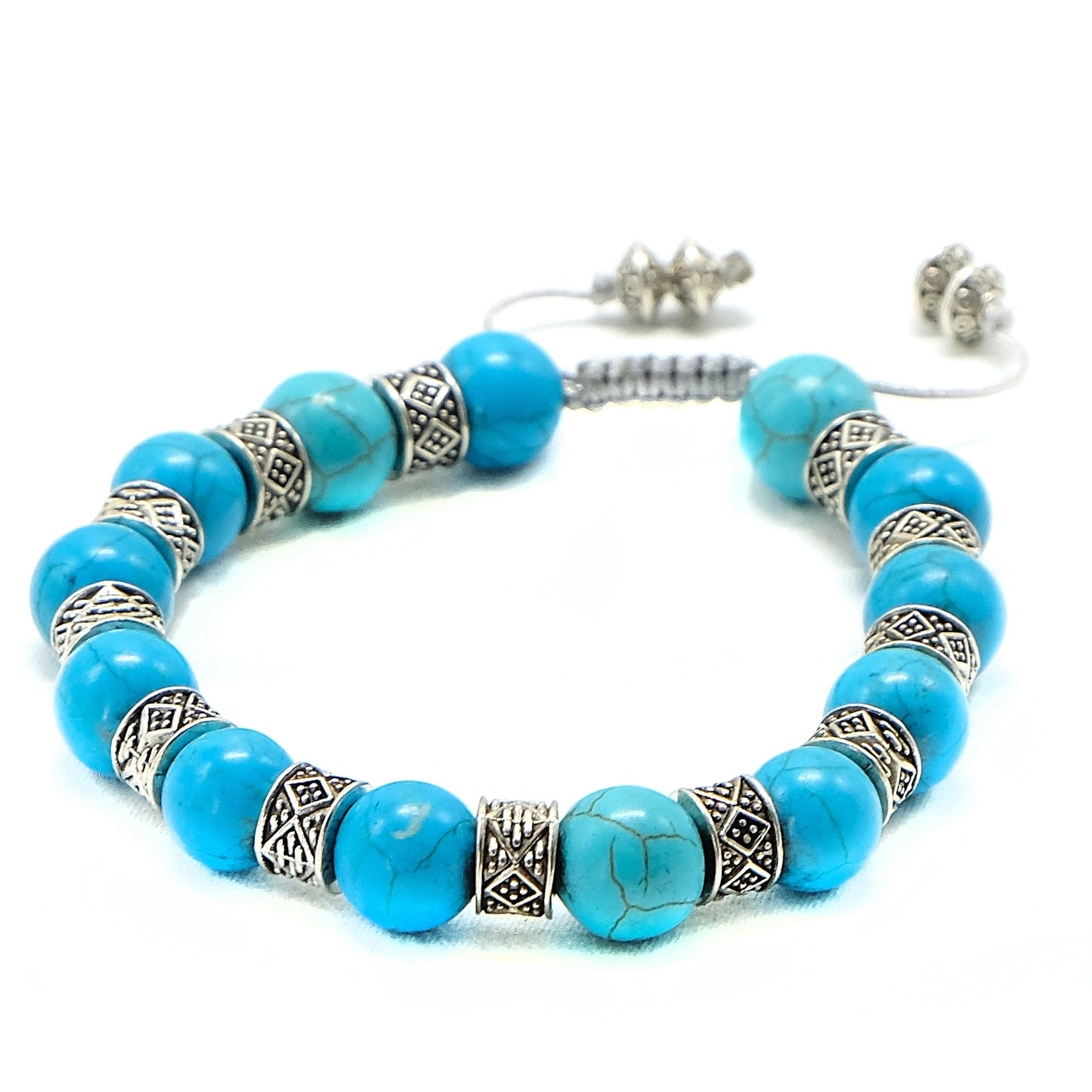 Blue Turquoise Genuine, Silver Spacer Beaded Bracelet | Adjustable | Unique | Natural | Meditation Crystal | Healing Stone | Bohemian