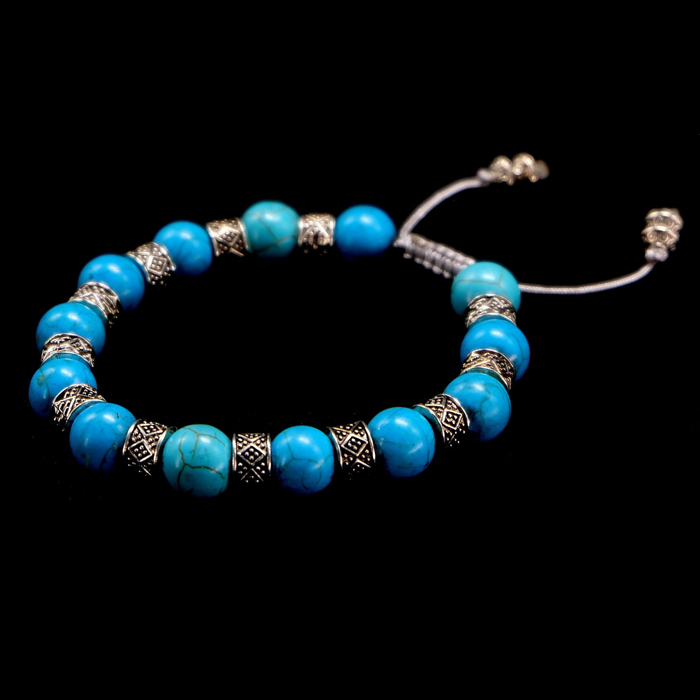 Blue Turquoise Genuine, Silver Spacer Beaded Bracelet | Adjustable | Unique | Natural | Meditation Crystal | Healing Stone | Bohemian