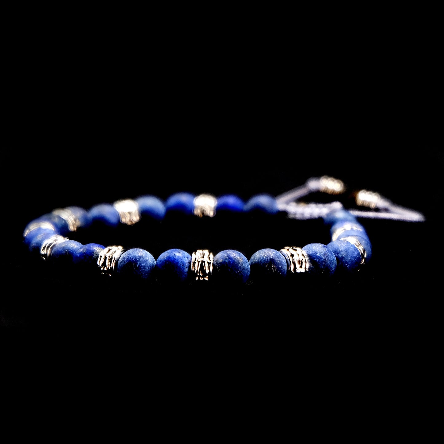 6mm Genuine Frosted Lapis, Silver Spacer Beaded Bracelet | Lapis Lazuli | Adjustable | Meditation | Healing Stone | Bohemian