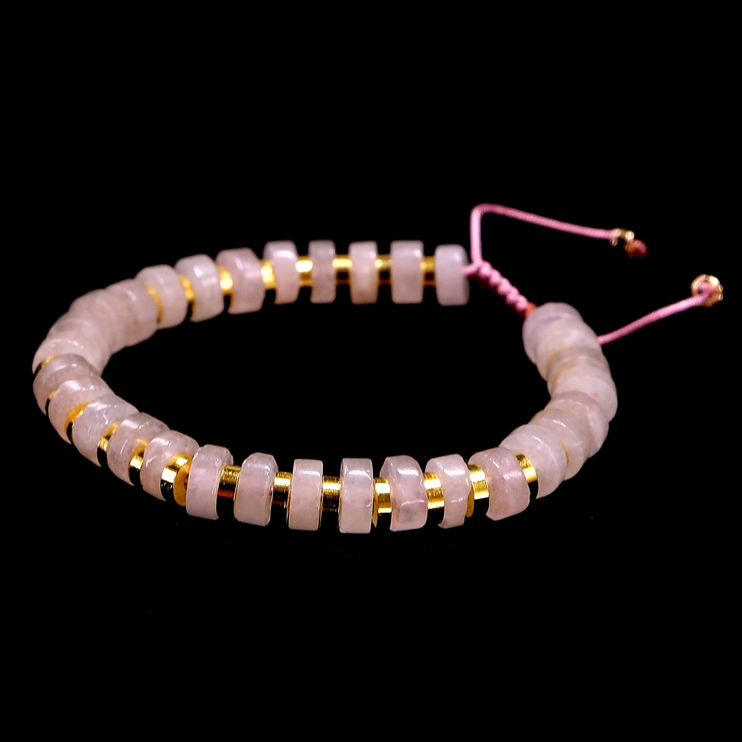 8mm Rose Quartz Heshi, Flat Round Disc, Baguette with Gold Spacers, Adjustable, Egyptian Style, Bohemian, Semi-Precious, Healing,Meditation