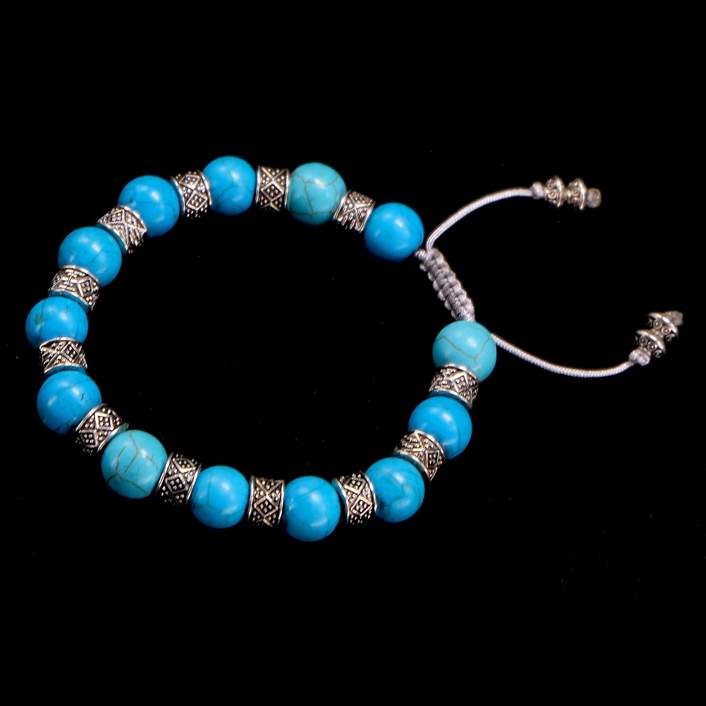 Blue Turquoise Genuine, Silver Spacer Beaded Bracelet | Adjustable | Unique | Natural | Meditation Crystal | Healing Stone | Bohemian