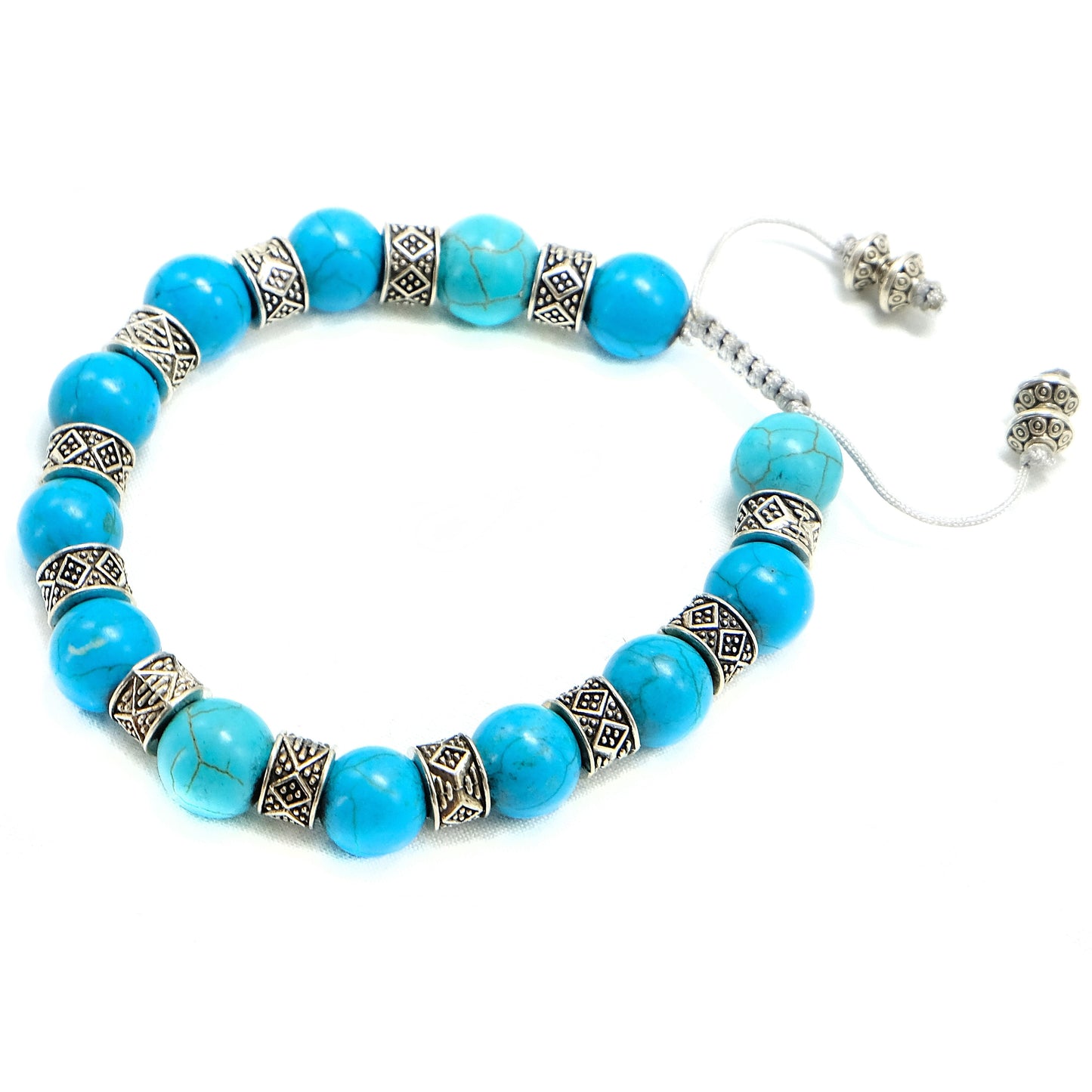 Blue Turquoise Genuine, Silver Spacer Beaded Bracelet | Adjustable | Unique | Natural | Meditation Crystal | Healing Stone | Bohemian